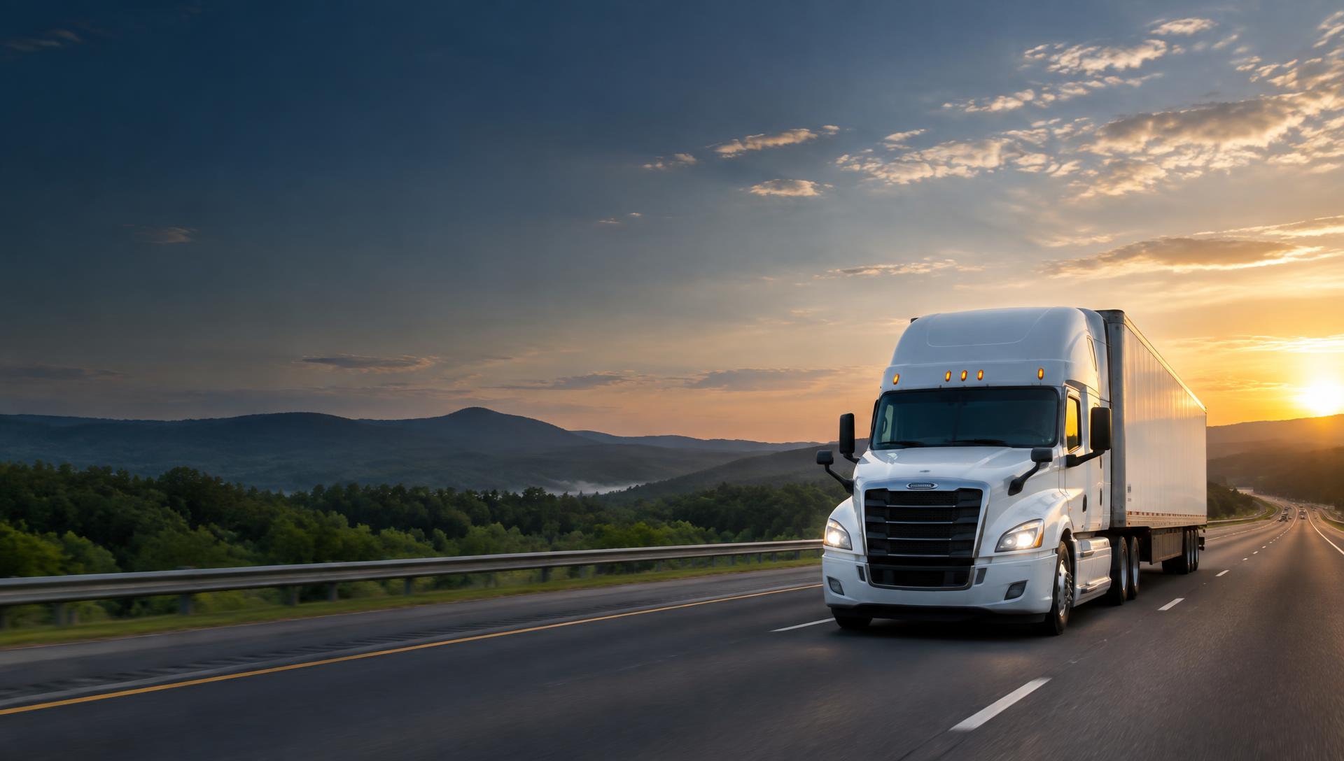 Modern semi truck traveling on an American interstate at sunrise
